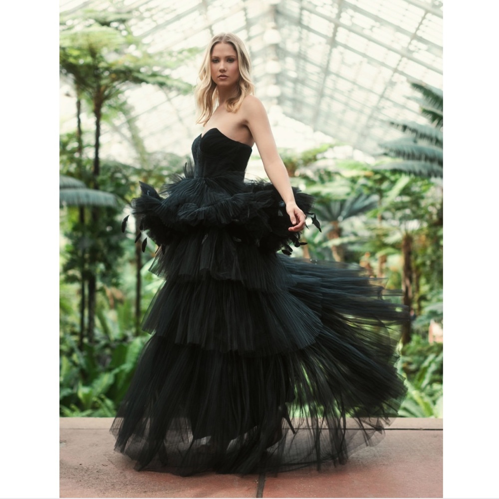 Mac Duggal Black Strapless Tulle Gown with Feather Detail - Picture 16 of 16